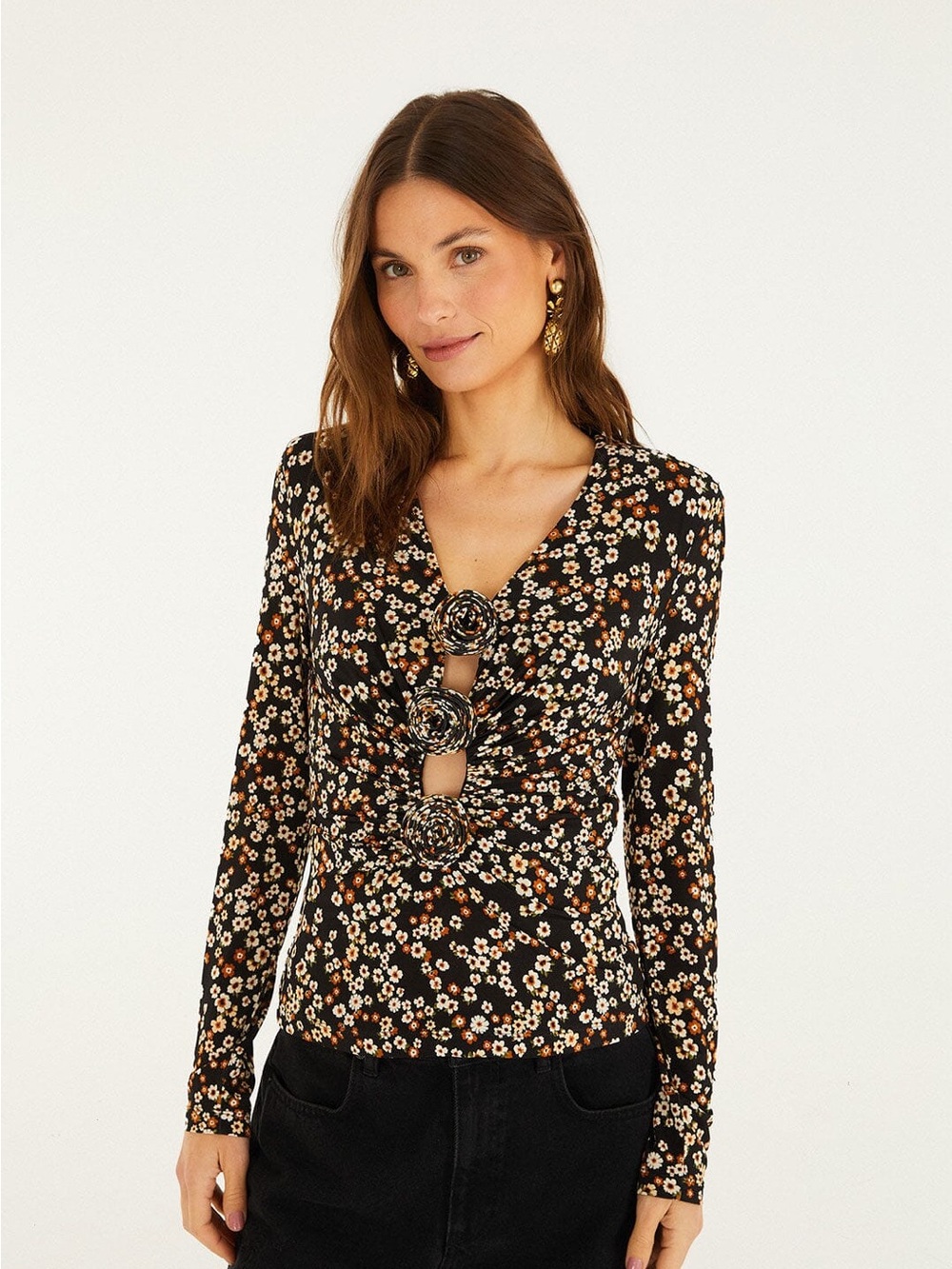 Farm Rio NWT Cutout Long-Sleeve Top in Black